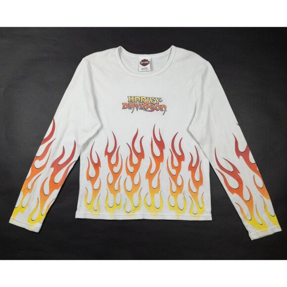 Harley-Davidson Flames T-Shirt Women's Tag XL Vintage Y2K Flames USA Long Sleeve - Picture 2 of 12